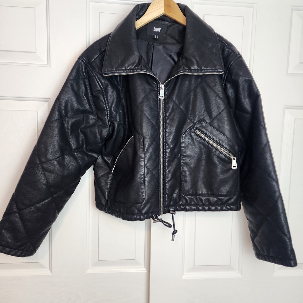 DKNY Black Diamond Quilted Faux Leather Bomber Full Zip Jacket Size M NWOT